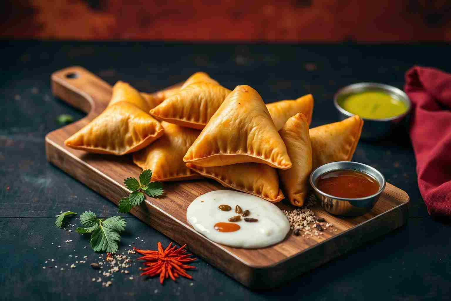Golden crispy samosas with chutneys